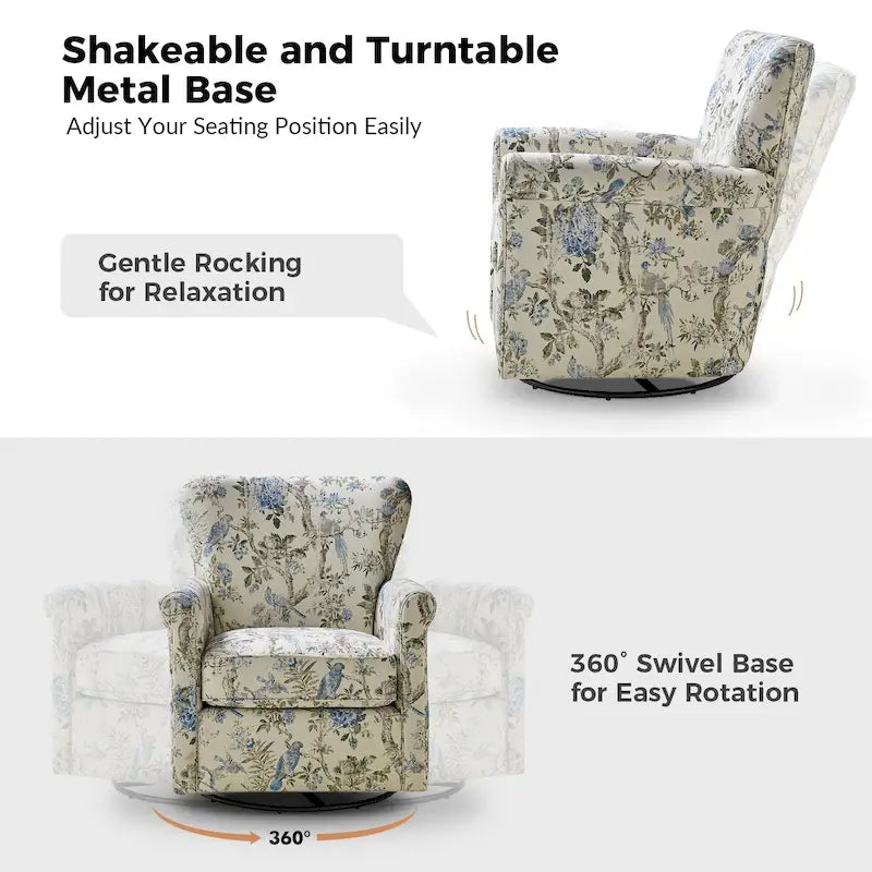 Fauteuil d'appoint à bascule pivotant en tissu fleuri avec accoudoirs arrondis et dossier incurvé