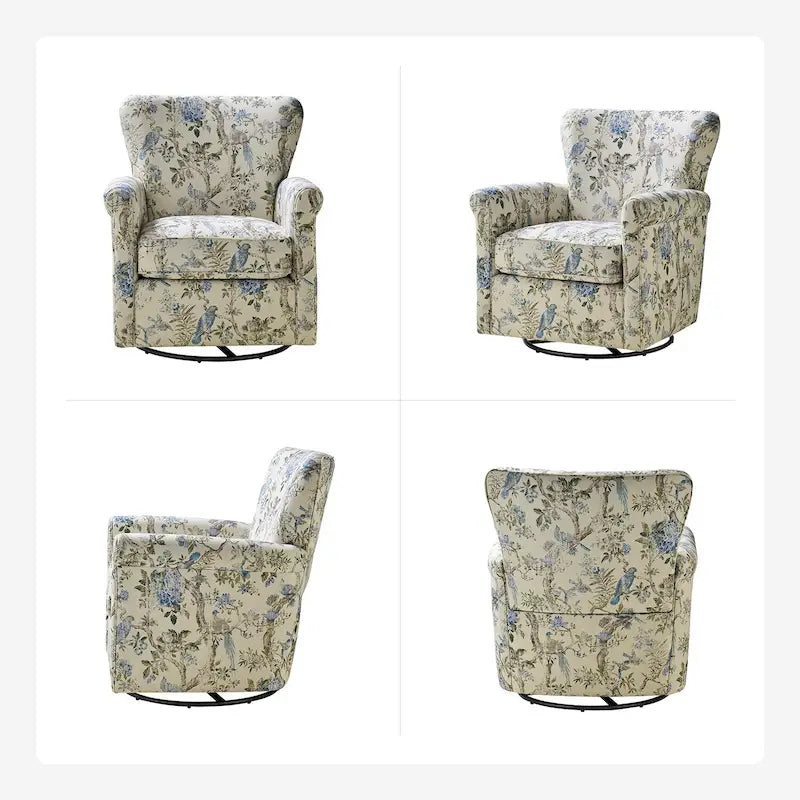 Fauteuil d'appoint à bascule pivotant en tissu fleuri avec accoudoirs arrondis et dossier incurvé