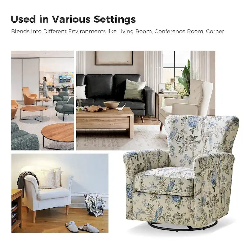 Fauteuil d'appoint à bascule pivotant en tissu fleuri avec accoudoirs arrondis et dossier incurvé