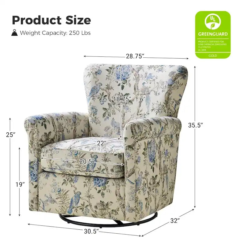 Fauteuil d'appoint à bascule pivotant en tissu fleuri avec accoudoirs arrondis et dossier incurvé