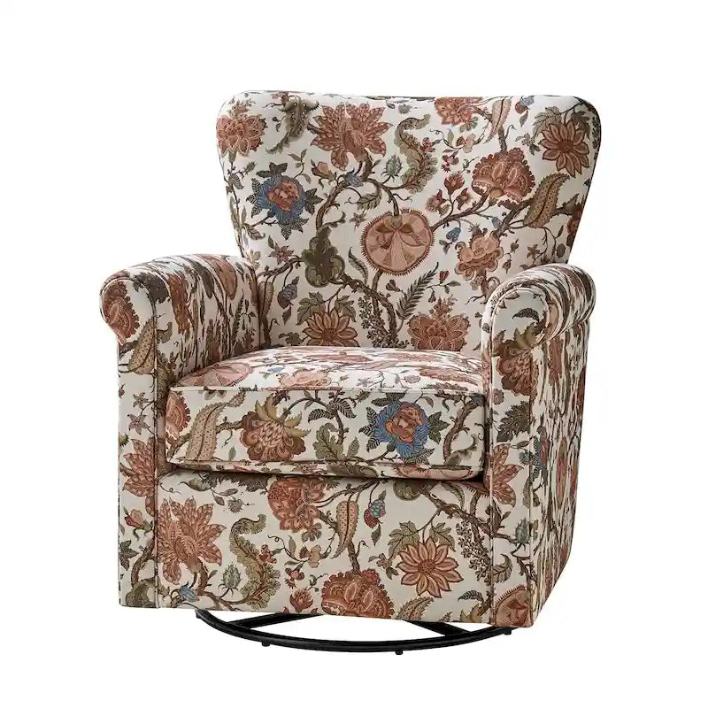 Fauteuil d'appoint à bascule pivotant en tissu fleuri avec accoudoirs arrondis et dossier incurvé