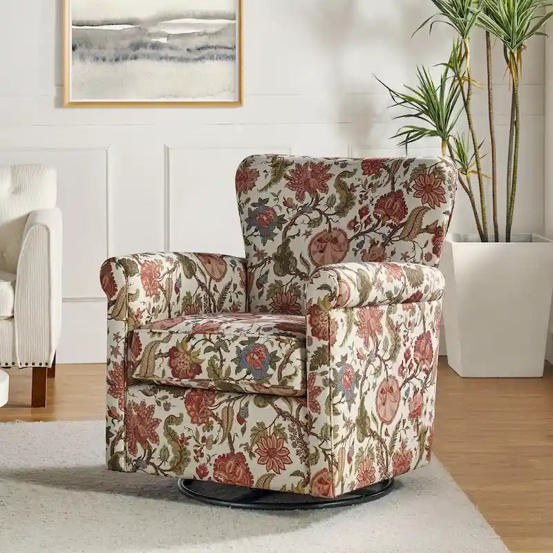 Fauteuil d'appoint à bascule pivotant en tissu fleuri avec accoudoirs arrondis et dossier incurvé