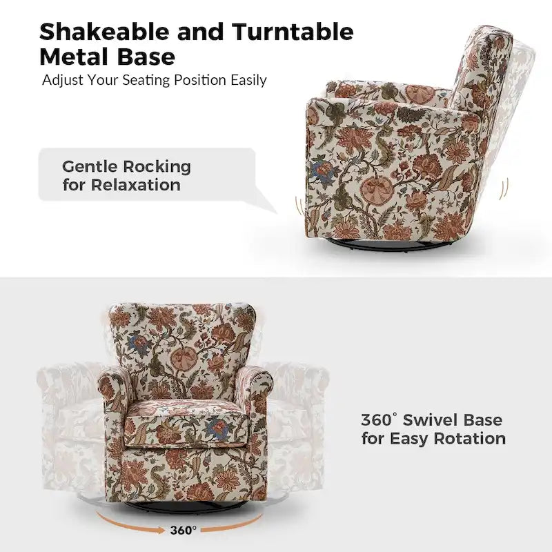 Fauteuil d'appoint à bascule pivotant en tissu fleuri avec accoudoirs arrondis et dossier incurvé