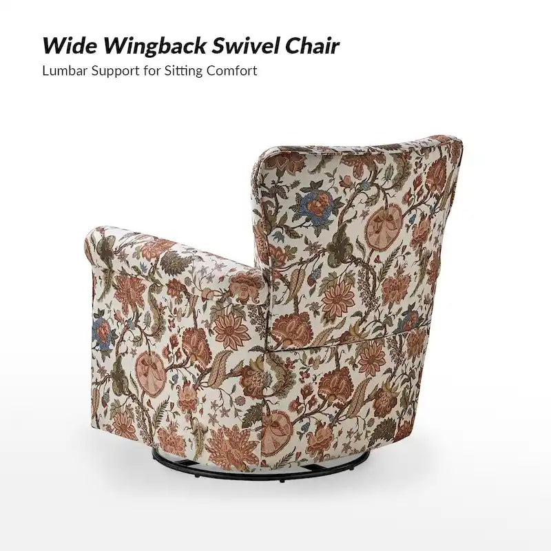 Fauteuil d'appoint à bascule pivotant en tissu fleuri avec accoudoirs arrondis et dossier incurvé