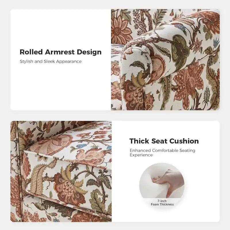 Fauteuil d'appoint à bascule pivotant en tissu fleuri avec accoudoirs arrondis et dossier incurvé
