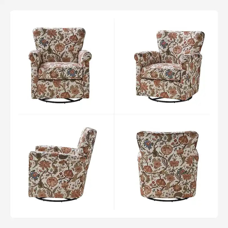 Fauteuil d'appoint à bascule pivotant en tissu fleuri avec accoudoirs arrondis et dossier incurvé