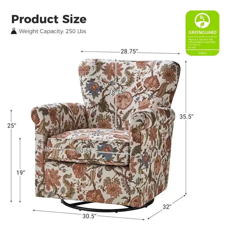 Fauteuil d'appoint à bascule pivotant en tissu fleuri avec accoudoirs arrondis et dossier incurvé