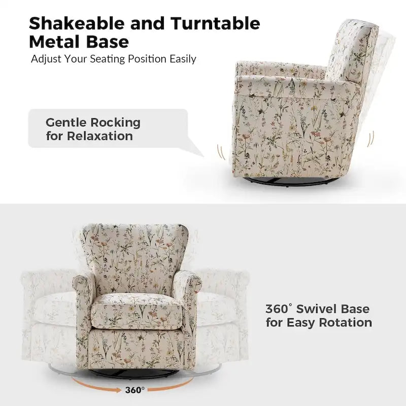 Fauteuil d'appoint à bascule pivotant en tissu fleuri avec accoudoirs arrondis et dossier incurvé