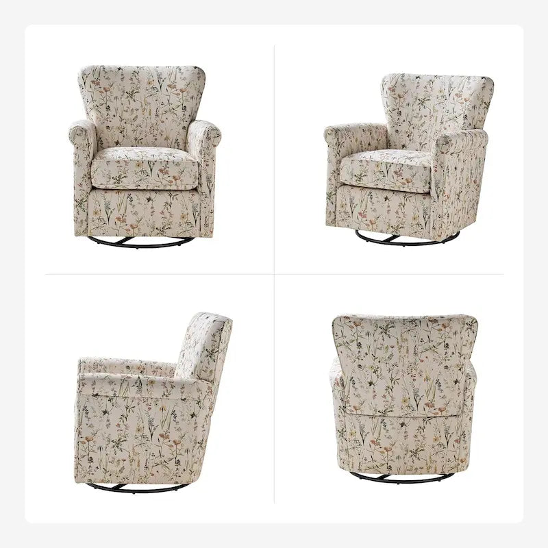 Fauteuil d'appoint à bascule pivotant en tissu fleuri avec accoudoirs arrondis et dossier incurvé