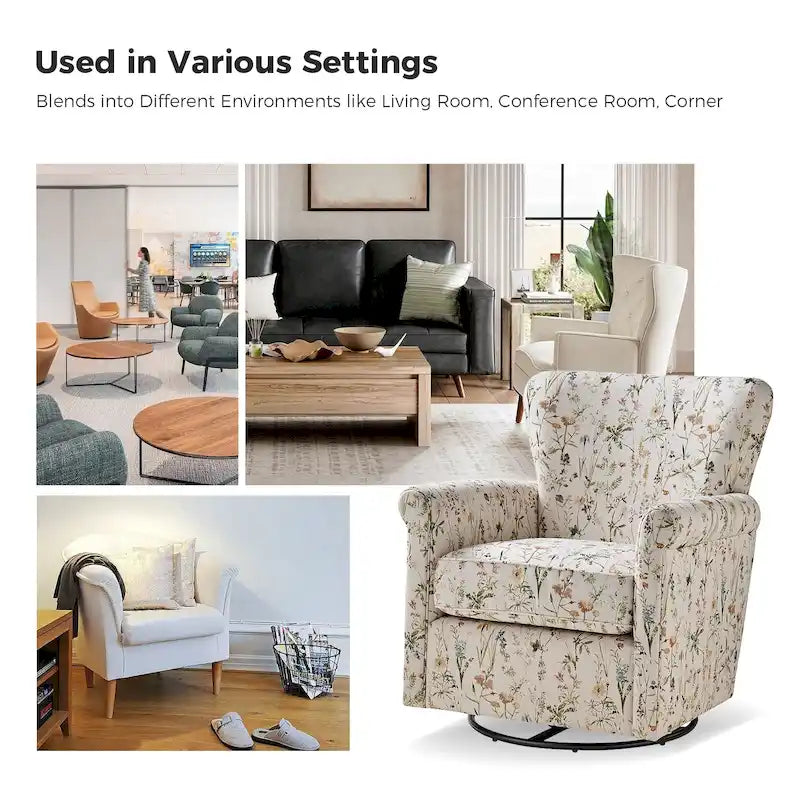 Fauteuil d'appoint à bascule pivotant en tissu fleuri avec accoudoirs arrondis et dossier incurvé