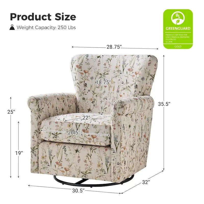 Fauteuil d'appoint à bascule pivotant en tissu fleuri avec accoudoirs arrondis et dossier incurvé