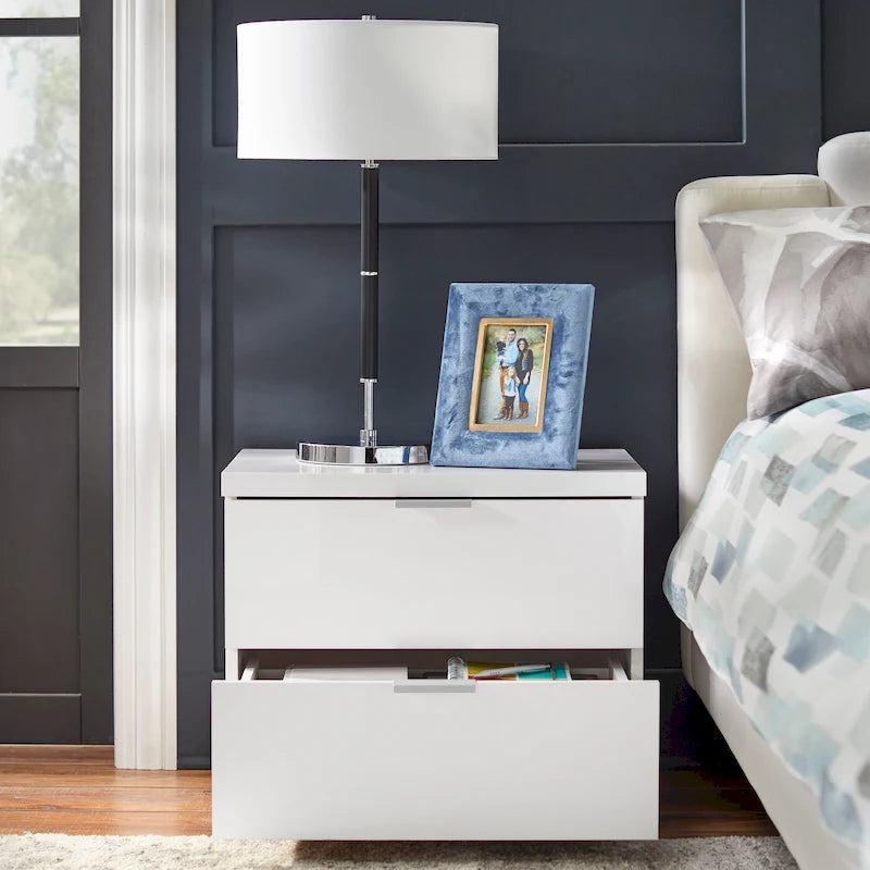 Table de chevet moderne laquée brillante avec deux tiroirs blanc charbon de bois