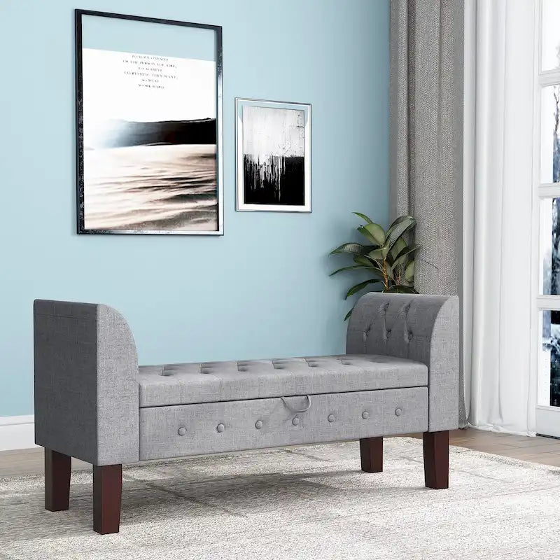 Banc de rangement capitonné avec accoudoirs, pouf rembourré, siège d'entrée en lin