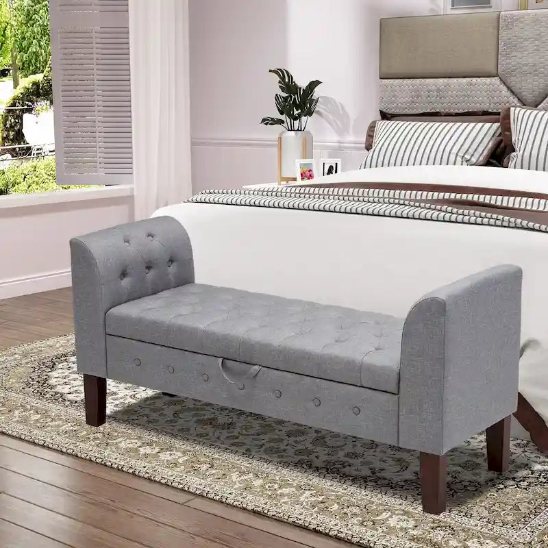 Banc de rangement capitonné avec accoudoirs, pouf rembourré, siège d'entrée en lin