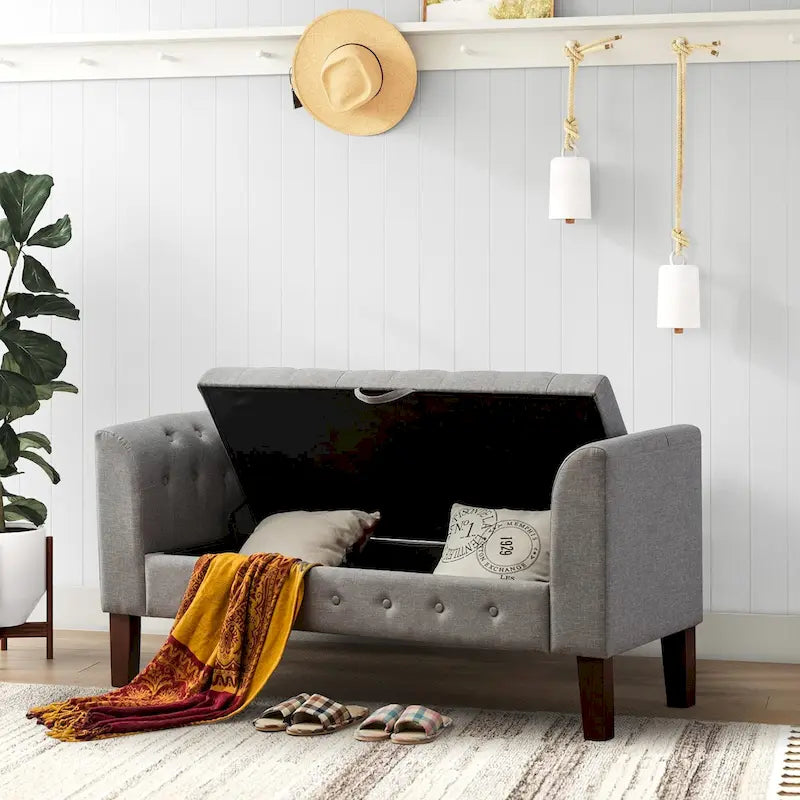 Banc de rangement capitonné avec accoudoirs, pouf rembourré, siège d'entrée en lin