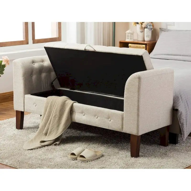Banc de rangement capitonné avec accoudoirs, pouf rembourré, siège d'entrée en lin