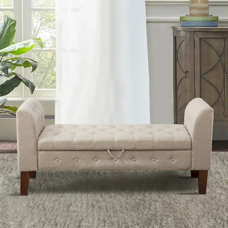 Banc de rangement capitonné avec accoudoirs, pouf rembourré, siège d'entrée en lin