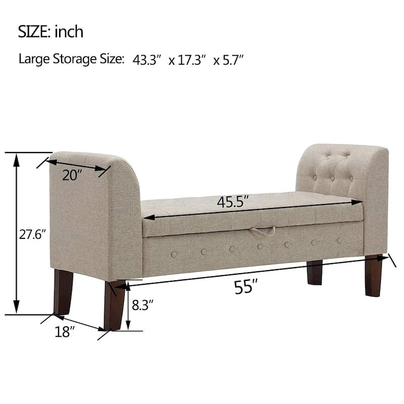 Banc de rangement capitonné avec accoudoirs, pouf rembourré, siège d'entrée en lin