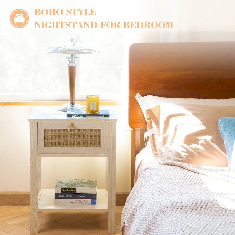 SICOTAS Farmhouse 1-Drawer Rattan Nightstand Set of 2