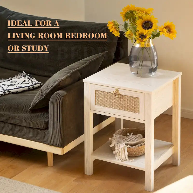 Commode de chevet bohème en rotin avec étagère ouverte de style ferme