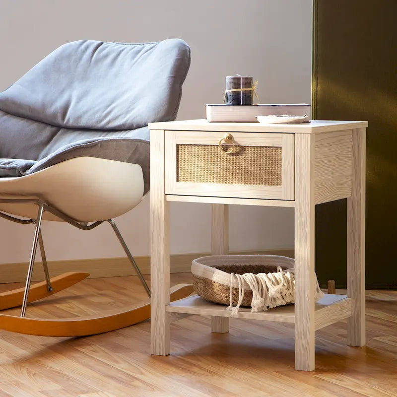 Commode de chevet bohème en rotin avec étagère ouverte de style ferme