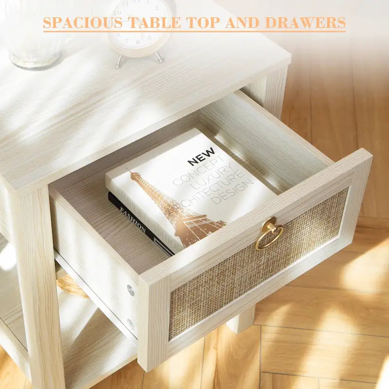 Commode de chevet bohème en rotin avec étagère ouverte de style ferme