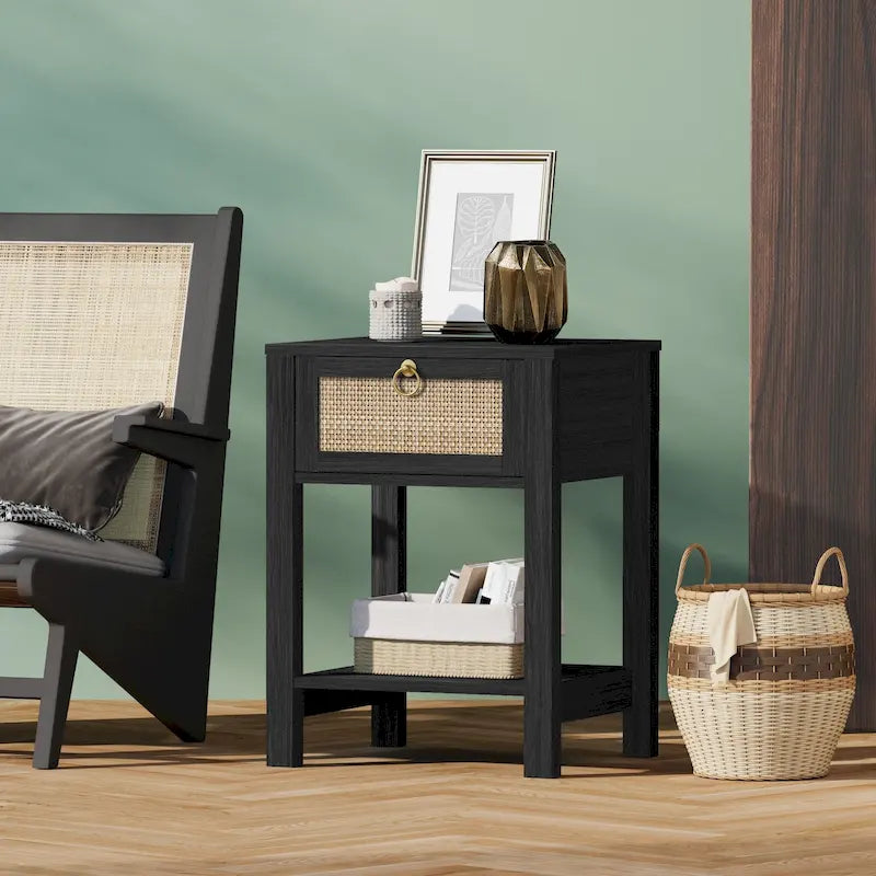 Commode de chevet bohème en rotin avec étagère ouverte de style ferme