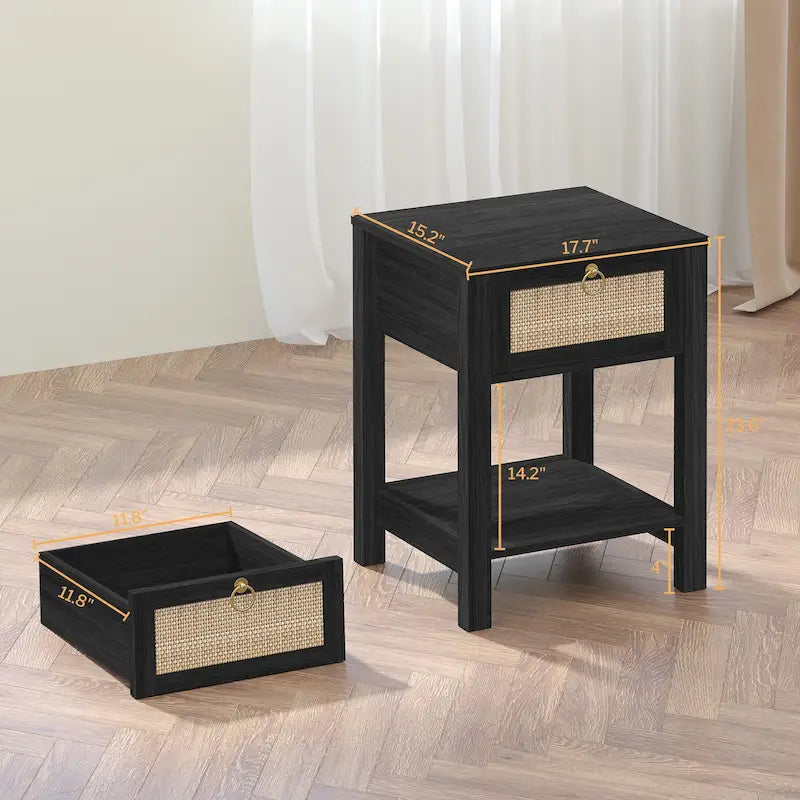 Commode de chevet bohème en rotin avec étagère ouverte de style ferme