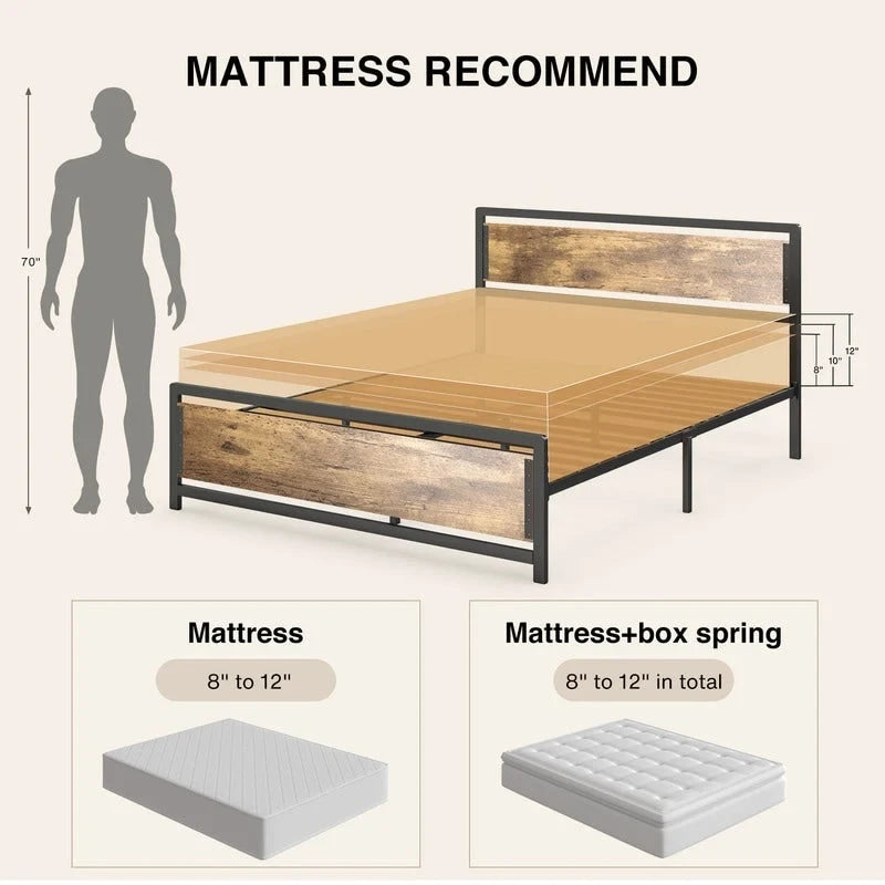 Cadre de lit plateforme industriel rétro en fer et bois avec tête de lit en bois