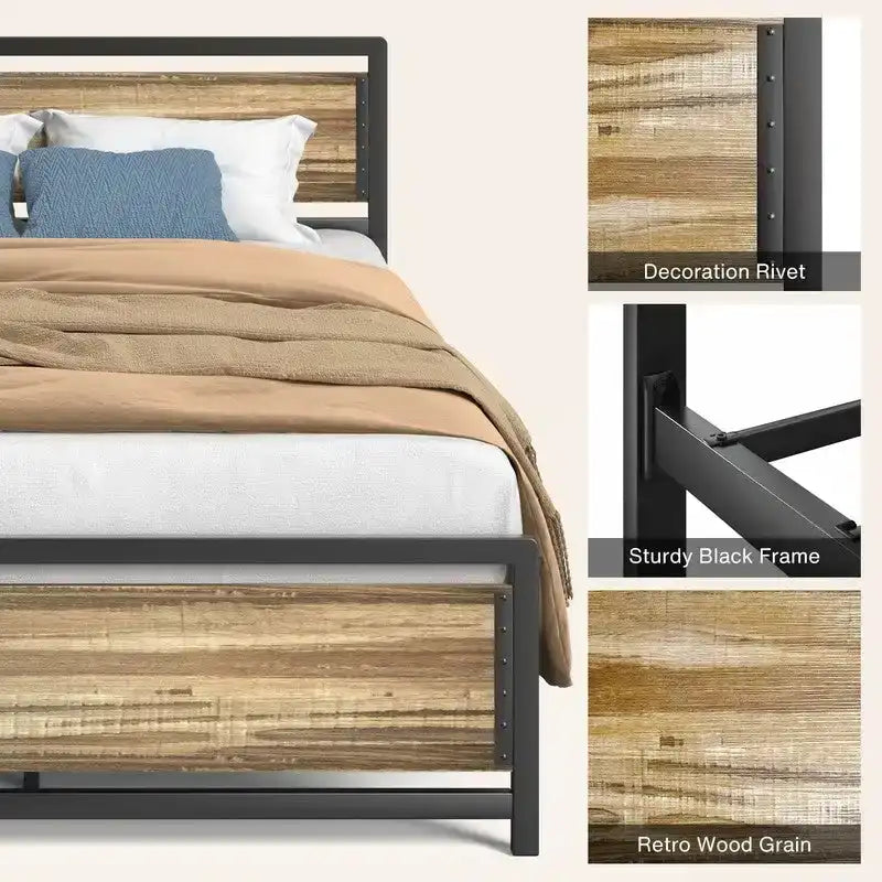 Cadre de lit plateforme industriel rétro en fer et bois avec tête de lit en bois