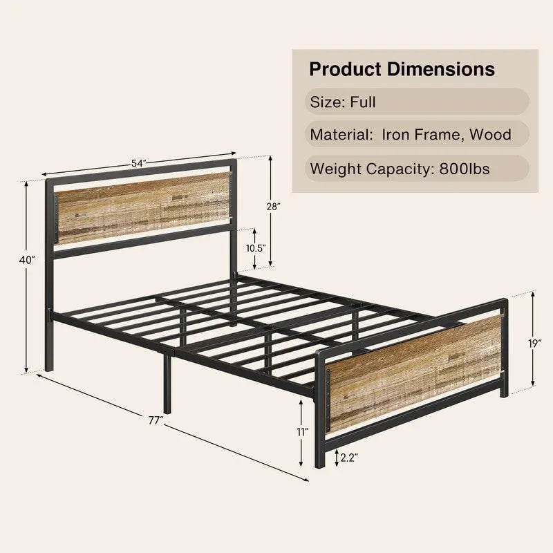 Cadre de lit plateforme industriel rétro en fer et bois avec tête de lit en bois