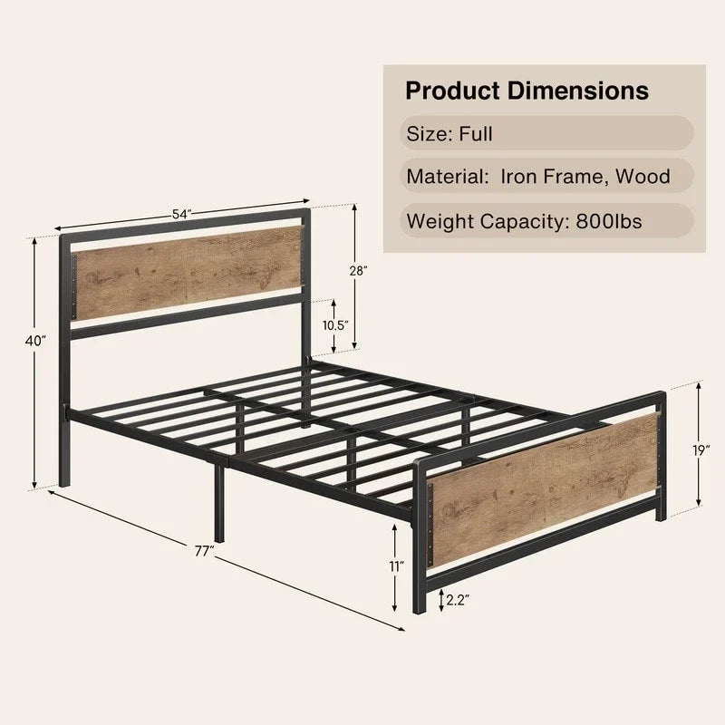 Cadre de lit plateforme industriel rétro en fer et bois avec tête de lit en bois