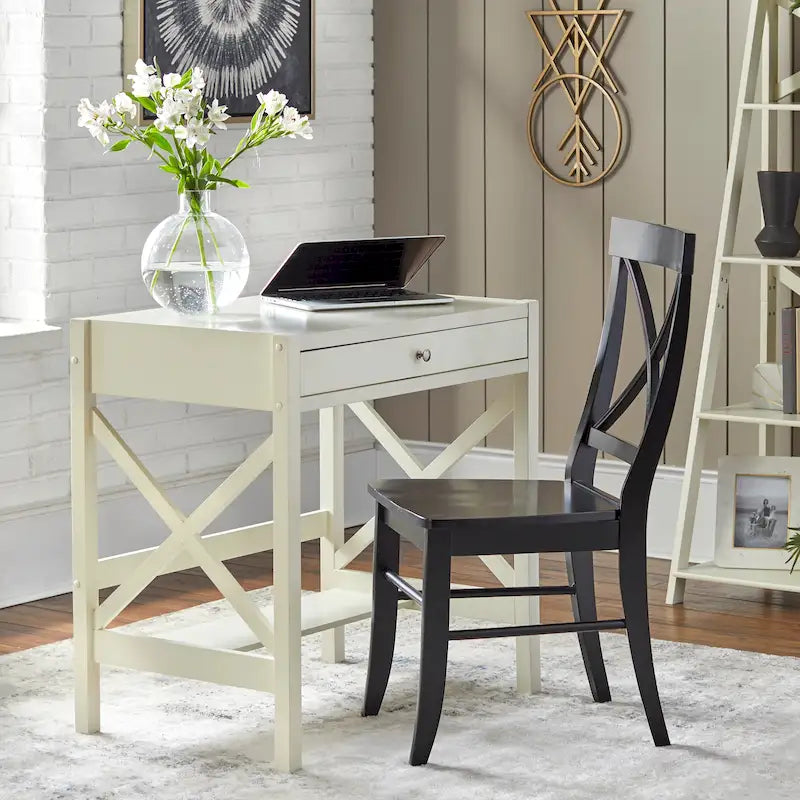 Bureau de ferme en bois à cadre en X avec tiroir et étagère inférieure, blanc antique