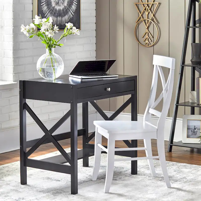 Bureau de ferme en bois à cadre en X avec tiroir et étagère inférieure, blanc antique