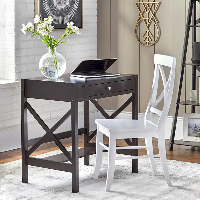 Bureau de ferme en bois à cadre en X avec tiroir et étagère inférieure, blanc antique