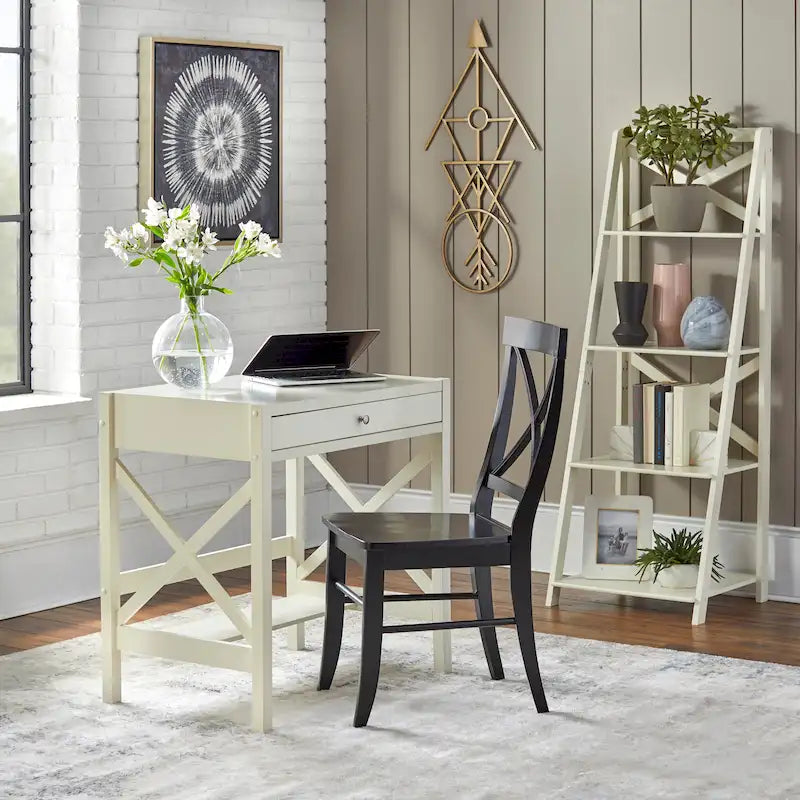 Bureau de ferme en bois à cadre en X avec tiroir et étagère inférieure, blanc antique