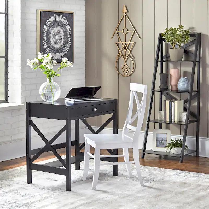 Bureau de ferme en bois à cadre en X avec tiroir et étagère inférieure, blanc antique