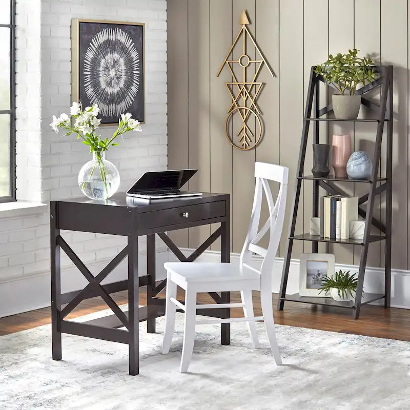 Bureau de ferme en bois à cadre en X avec tiroir et étagère inférieure, blanc antique
