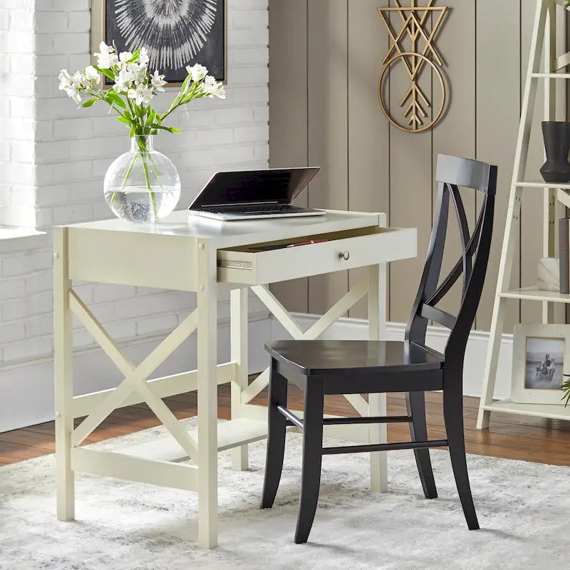 Bureau de ferme en bois à cadre en X avec tiroir et étagère inférieure, blanc antique