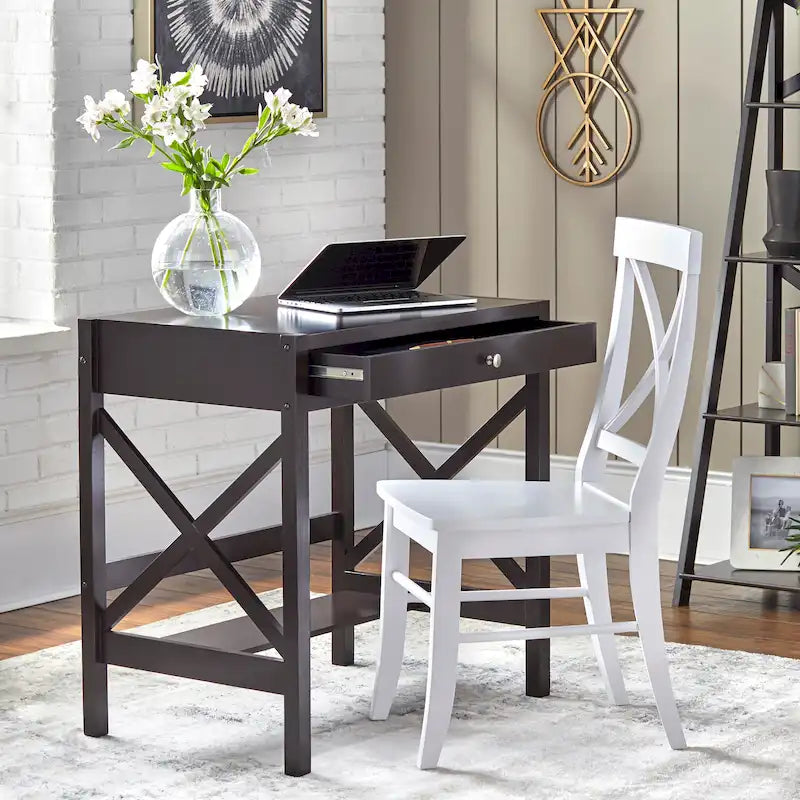Bureau de ferme en bois à cadre en X avec tiroir et étagère inférieure, blanc antique
