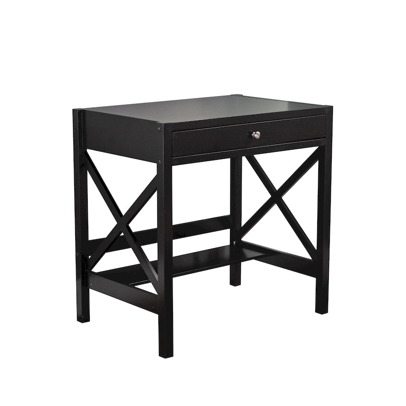 Bureau de ferme en bois à cadre en X avec tiroir et étagère inférieure, blanc antique