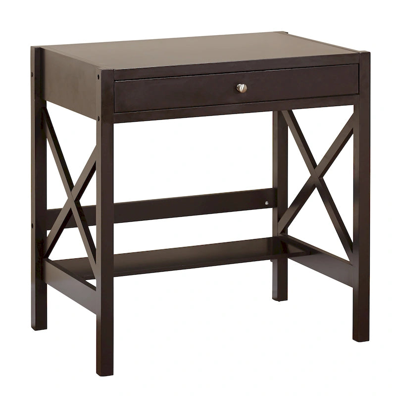 Bureau de ferme en bois à cadre en X avec tiroir et étagère inférieure, blanc antique