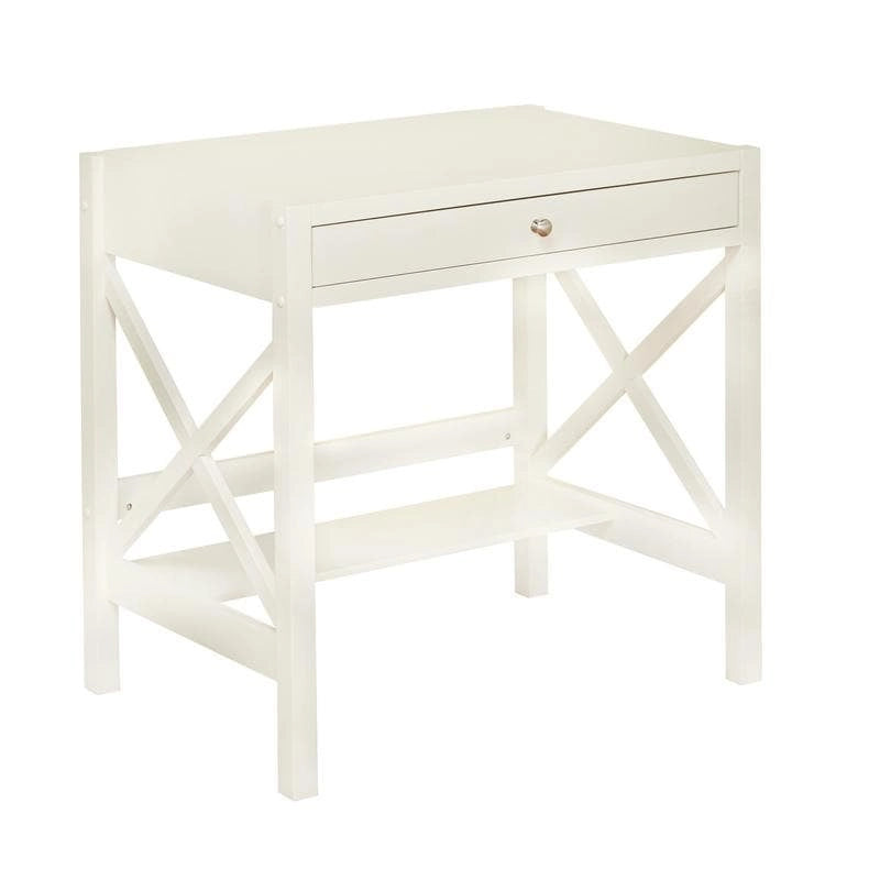 Bureau de ferme en bois à cadre en X avec tiroir et étagère inférieure, blanc antique