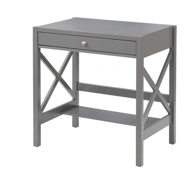 Bureau de ferme en bois à cadre en X avec tiroir et étagère inférieure, blanc antique