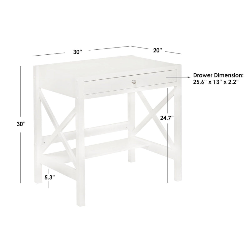 Bureau de ferme en bois à cadre en X avec tiroir et étagère inférieure, blanc antique
