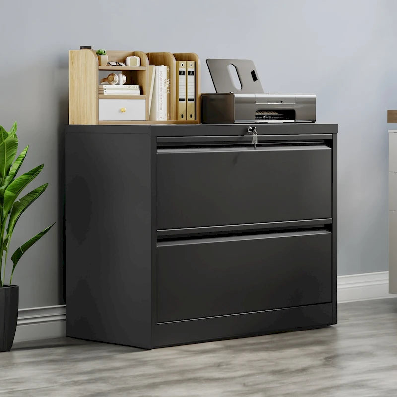 Armoire de classement latérale large en acier avec verrouillage, noire et blanche, pour bureau