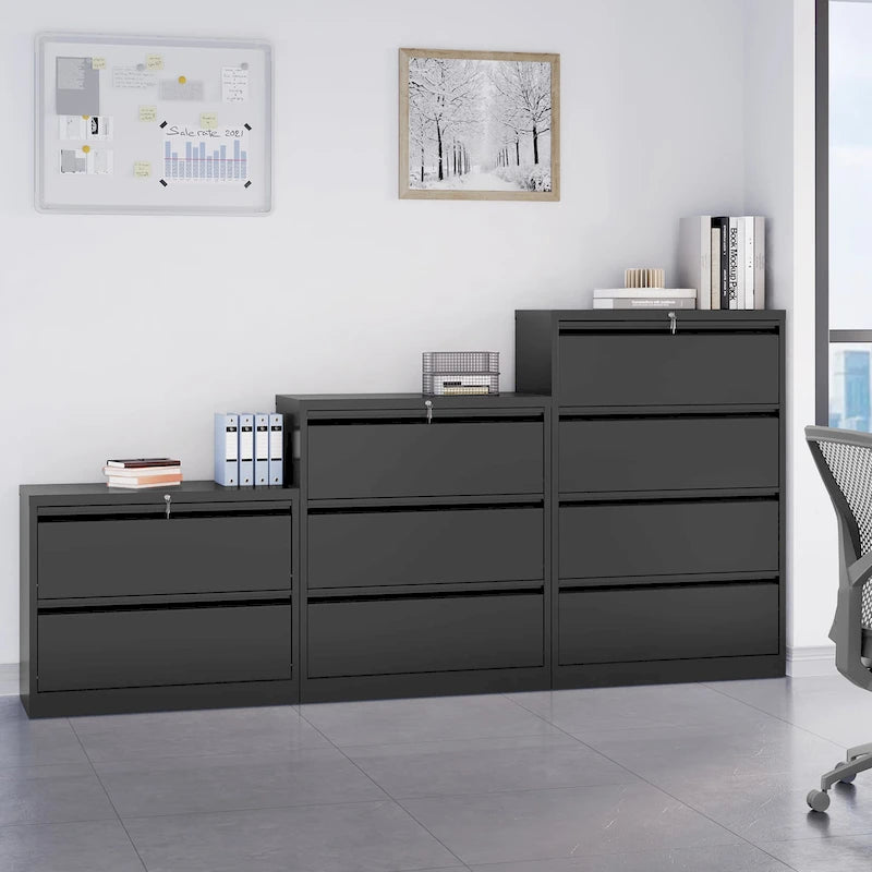Armoire de classement latérale large en acier avec verrouillage, noire et blanche, pour bureau