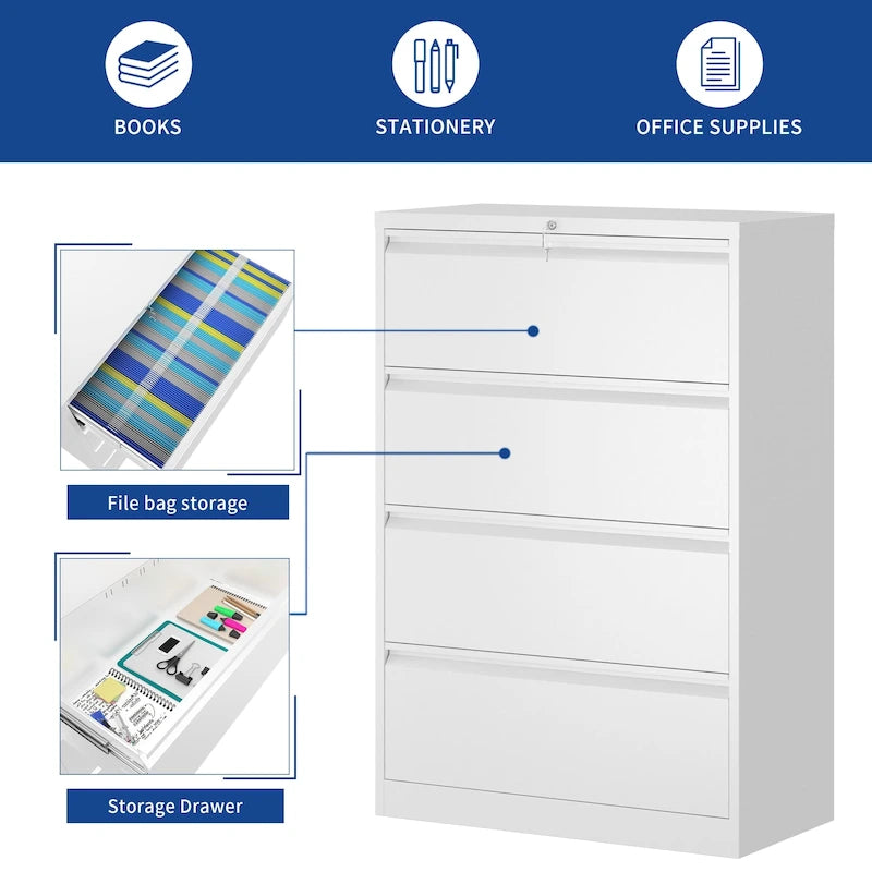Armoire de classement latérale large en acier avec verrouillage, noire et blanche, pour bureau
