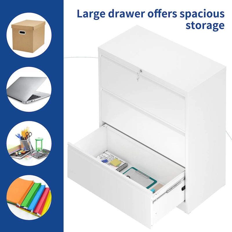 Armoire de classement latérale large en acier avec verrouillage, noire et blanche, pour bureau