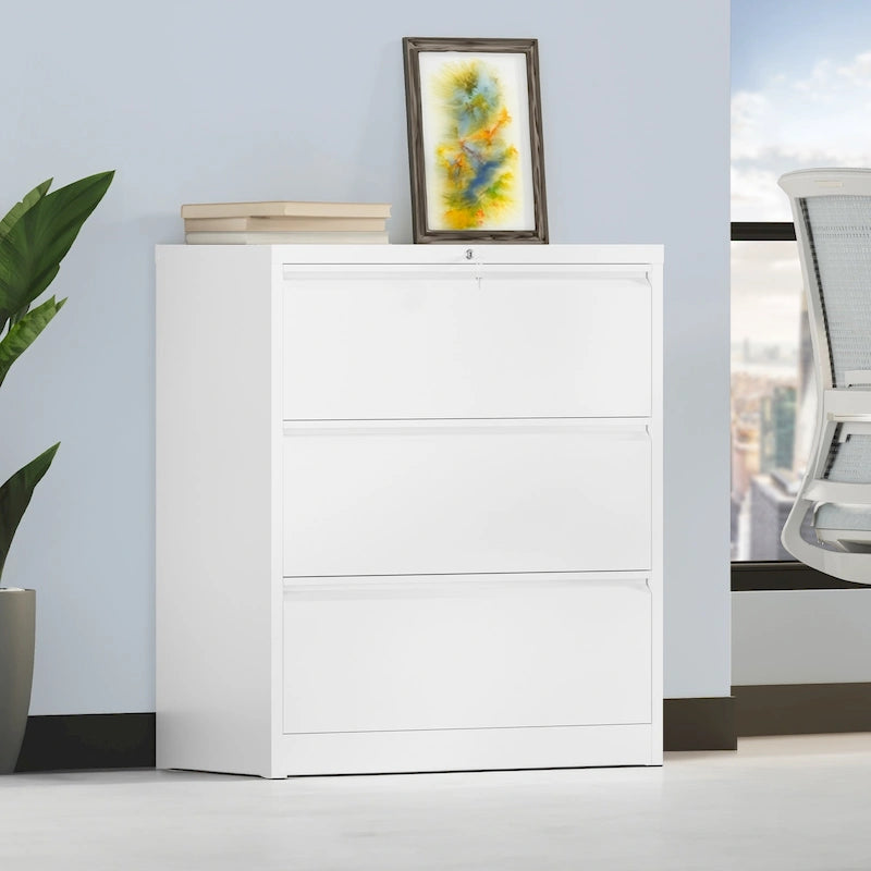 Armoire de classement latérale large en acier avec verrouillage, noire et blanche, pour bureau